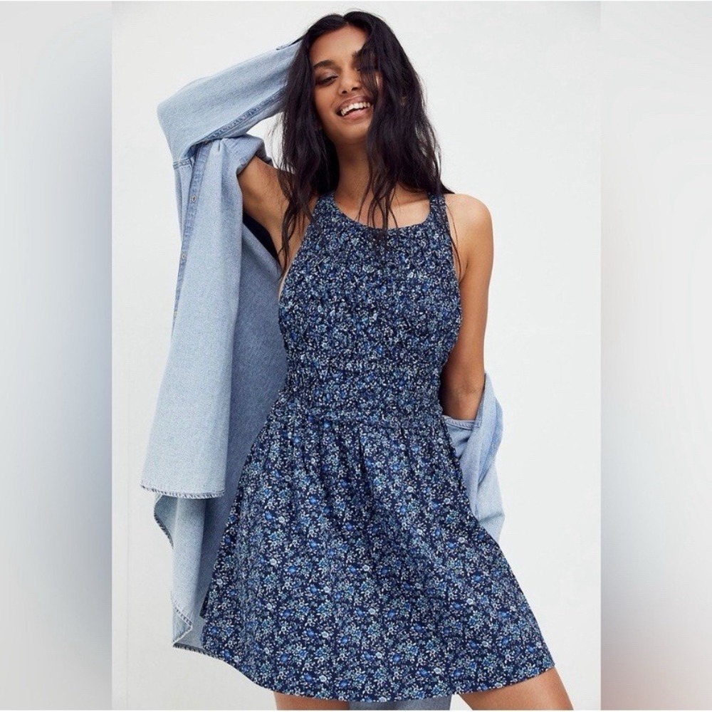Free People M Petunia Mini Dress Cerulean Blue Ditsy Floral Cottagecore Overall